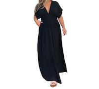 Women's Maxi Dress Solid Colour V-Neck Bat Sleeve Elasticated Waist Spring Dress Short Sleeve Side Split Dresses Swing Dress Loose Long Ladies Casual Dress Beach Coverups for Women UK Black