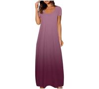 Womens Maxi Dresses Plus Size Summer Gradient Colour Round Neck Short Sleeve Long Dress Oversized Crewneck Pleated Sundress Loose A Line Swing Tunic Maxi Dress Ladies Dresses Daily Wear