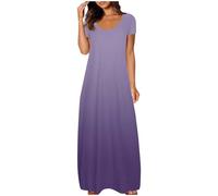 Womens Maxi Dresses Plus Size Summer Gradient Colour Round Neck Short Sleeve Long Dress Oversized Crewneck Pleated Sundress Loose A Line Swing Tunic Maxi Dress Ladies Dresses Daily Wear