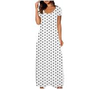 Womens Maxi Dresses Plus Size Summer Polka Dot Print Round Neck Short Sleeve Long Dress Oversized Crewneck Pleated Sundress Loose A Line Swing Tunic Maxi Dress Ladies Dresses Daily Wear