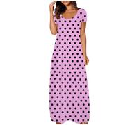 Womens Maxi Dresses Plus Size Summer Polka Dot Print Round Neck Short Sleeve Long Dress Oversized Crewneck Pleated Sundress Loose A Line Swing Tunic Maxi Dress Ladies Dresses Daily Wear