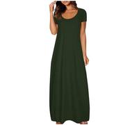 Womens Maxi Dresses Plus Size Summer Solid Colour Round Neck Short Sleeve Long Dress Oversized Crewneck Plain Pleated Sundress Loose A Line Swing Tunic Maxi Dress Ladies Dresses Daily Wear
