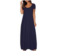 Womens Maxi Dresses Plus Size Summer Solid Colour Round Neck Short Sleeve Long Dress Oversized Crewneck Plain Pleated Sundress Loose A Line Swing Tunic Maxi Dress Ladies Dresses Daily Wear