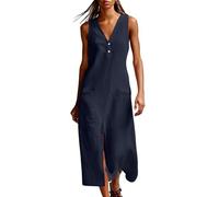Womens Maxi Long Dresses V Neck Shift Tank Dress Casual Sleeveless Button Up Side Slit Dresses Ladies Summer Loose Fit Solid Sundress with Pockets Cotton Linen Beach Travel Going Out Dress
