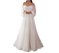 Women's Maxi Off The Shoulder Prom Bridesmaid Dress Clearance Boho Sexy Long Sleeve Smocked High Waist Flowy A Line Long Maxi Dress with Wedding Cold Shoulder Evening Party Gown for Women UK White