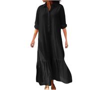 Womens Maxi Shirt Dresses Cotton Linen Shift Dress Long Sleeve V Neck Dresses Half Button Neck Tunic Beach Dresses Loose Summer Long Dresses Lapel Office Casual Tunic Dresses Plus Size 22 Black