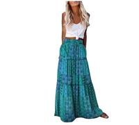 Women's Maxi Skirts Bohemian Chiffon High Waisted Casual Skirts with Pockets Elasticated Waist Summer Pleated Long Dresses Elegant Flowy A-Line Beach Skirt Holiday Drawstring Tiered Skirts Green