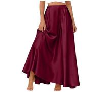 Women's Maxi Skirts with Pockets Elegant Satin High Waisted Flared Skirts Back Elastic Waist Lightweight Summer Casual A-Line Flowy Swing Long Skirt Ladies Silky Cocktail Party Skirt