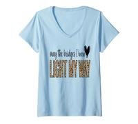 Women's May The Bridges I Burn Light My Way Leopard Art V-Neck T-Shirt