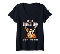 Women's May The Bridges I Burn Light The Way Skeleton V-Neck T-Shirt