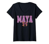 Womens Maya Leopard Bow Trendy Name Design for Women and Girls V-Neck T-Shirt