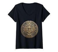 Women's Mayan Calendar Maya Aztec Mexican Sun Stone Ancient Azteca V-Neck T-Shirt