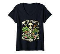 Women's Maybe Plants are Addicted to Me, Retro Skeleton Gardener V-Neck T-Shirt