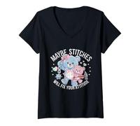 Womens Maybe Stitches Will Fix Your Attitude Cute Bears V-Neck T-Shirt
