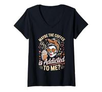 Women's Maybe The Coffee is Addicted to Me Skull V-Neck T-Shirt