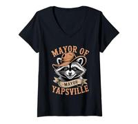 Women's Mayor of Yapsville Funny Retro Racoon Western Yapping V-Neck T-Shirt