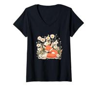 Womens Meadow of Daisies with Cute Sleepy Fox Graphic V-Neck T-Shirt