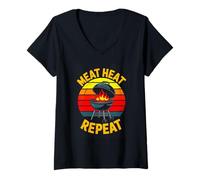 Women's Meat Heat Repeat BBQ Grill Barbecue Lover V-Neck T-Shirt