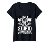 Womens Mechanic - Can’t Fix Stupid But I Can Fix What Stupid Does V-Neck T-Shirt