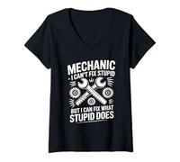 Womens Mechanic I Can't Fix Stupid But I Can Fix What Stupid Does V-Neck T-Shirt
