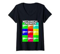 Womens Mechanical Engineer Retro Color Pop Square Vintage Caliper V-Neck T-Shirt