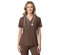 Women's Medical Scrubs Top, Women's Care Tunic and Work Clothing, Short Sleeve, V-Neck for Nurses, Dentists, Doctors, Students, Veterinarians (UK, Alpha, L, Regular, Regular, Brown)