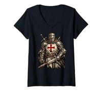Women's Medieval Crusader Templar Cross Distressed V-Neck T-Shirt