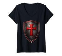Women's Medieval Crusader Templar Cross Distressed V-Neck T-Shirt