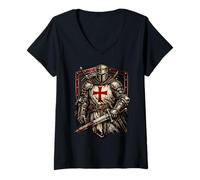 Women's Medieval Crusader Templar Cross Distressed V-Neck T-Shirt
