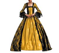 Womens Medieval Dress Halloween Pirate Peasant Long Sleeve Vintage Victorian Maxi Dresses Elastic Waist Midi Costumes Gothic Costume Outfit Vampire Irish Dress, Gold, XXL
