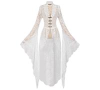 Women's Medieval Dress Halloween Renaissance Pirate Long Sleeve Lace Patchwork Irish Costume Lolita Victorian Dresses Maxi Costumes Vampire Ladies Gothic Cosplay Dress, White, XL