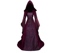Women's Medieval Dress,Halloween Vintage Hooded Witch Cloak,Renaissance Gothic Victorian Flare Sleeve Dress Halloween Cosplay Vampire Costume Women Plus Size Wine