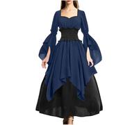 Women's Medieval Dress Patchwork Renaissance Pirate Costume Womens Ruched Bodycon Dresses Gothic Maxi Dress Ladies Halloween Costume Victorian Club Party Dresses Vintage Gown Skirt Navy