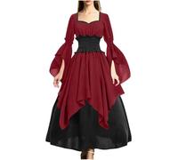 Women's Medieval Dress Patchwork Renaissance Pirate Costume Womens Ruched Bodycon Dresses Gothic Maxi Dress Ladies Halloween Costume Victorian Club Party Dresses Vintage Gown Skirt Wine