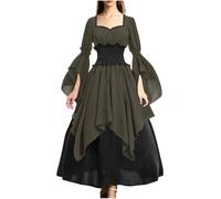 Women's Medieval Dress Patchwork Renaissance Pirate Costume Womens Ruched Bodycon Dresses Gothic Maxi Dress Ladies Halloween Costume Victorian Club Party Dresses Vintage Gown Skirt Army Green