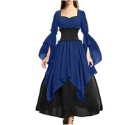 Women's Medieval Dress Patchwork Renaissance Pirate Costume Womens Ruched Bodycon Dresses Gothic Maxi Dress Ladies Halloween Costume Victorian Club Party Dresses Vintage Gown Skirt Blue