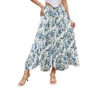 Women's Medieval Floral Skirt Elastic High Waist A-line Summer Long Skirt Blue Print on Beige M