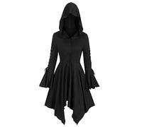 Women's Medieval Hooded Fancy Dress Witch Costumes Regency Ghost Bride Elf Cloak Hippie Gothic Halloween Carnival Costume with Oversized Hood Goth Oktoberfest Gowns, Black, XL
