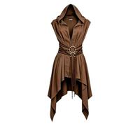 Women's Medieval Hooded Surcoat Tunic Sleeveless Tabard | Distressed Hem, Wasteland, Post-Apocalyptic, Ranger Vest, Renaissance, Halloween Fantasy Ren Faire Cosplay