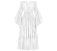 Women's Medieval Maxi Dress Halloween Cold Shoulder Long Sleeve Vintage Ruffle Steampunk Renaissance Tea Party Fancy Gothic Costume Punk Pirate Outfit Dress, White, S