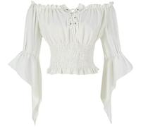 Womens Medieval Off-Shoulder Blouse with Retro Ruffles and Laces | Smocked Bardot Neck Tops Short Trim Chic And Elegant Vintage Renaissance Pirate Carnival Party Style For Holidays