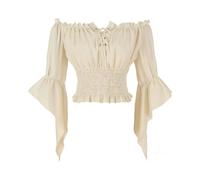 Womens Medieval Off-Shoulder Blouse with Retro Ruffles and Laces | Smocked Bardot Neck Tops Short Trim Chic And Elegant Vintage Renaissance Pirate Carnival Party Style For Holidays