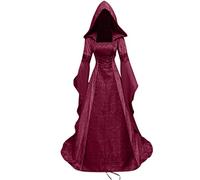Women's Medieval Renaissance Costume Vintage Embroidered Hooded Velvet Queen Long Dress Vampire Witch Dress Cosplay