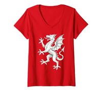 Womens Medieval White Dragon Rampant England Heraldic Mythical V-Neck T-Shirt