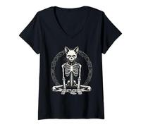Women's Meditating Cat Skeleton Yoga Pose Feline Bones V-Neck T-Shirt
