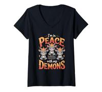 Womens Meditating Demon Goats and Black Cat in Peace with My Demons V-Neck T-Shirt