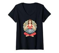 Womens Meditative Handpan Player in Front of a Mandala 2 - Fan Fun V-Neck T-Shirt