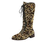 Women's Medium Calf Boots Pattern Fashion Sequins Decoration Retro Lace Up Thick Heels Low Heels Comfortable Shoes, gold, 8 UK