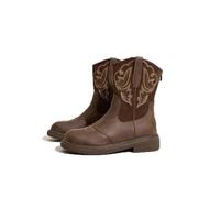 Women's Medium Heel Short Boots Europe The United States Embroidered Western Cowboy Rider Boots Leather Splicing Round Toe Design Walking Hiking Work Shoes Grey