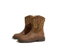 Women's Medium Heel Short Boots Europe The United States Embroidered Western Cowboy Rider Boots Leather Splicing Round Toe Design Walking Hiking Work Shoes Brown